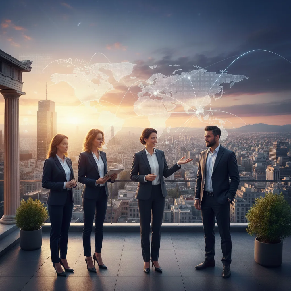 A professional business scene on a modern rooftop terrace at sunset features a diverse group of four executives—three women in dark suits holding tablets and a coffee cup, and one man in a suit—engaged in discussion with digital world map graphics and network lines connecting globally in the background, overlooking a city skyline with skyscrapers, ancient columns, potted plants, and a glowing orange-purple sky.